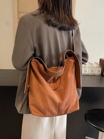 Vintage Suede Large Capacity Tote Bag For Women Minimalist Slouchy Bucket Shoulder Bag With Wide Strap Daily Commute Bag