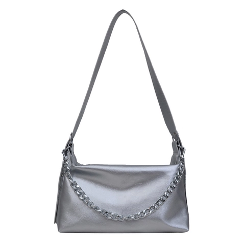 Damen Große Kapazität Glänzend PU Leder Schultertasche Minimalistisch Koreanischer Stil Tote Mit Silber Kette Dekoration Umhängetasche