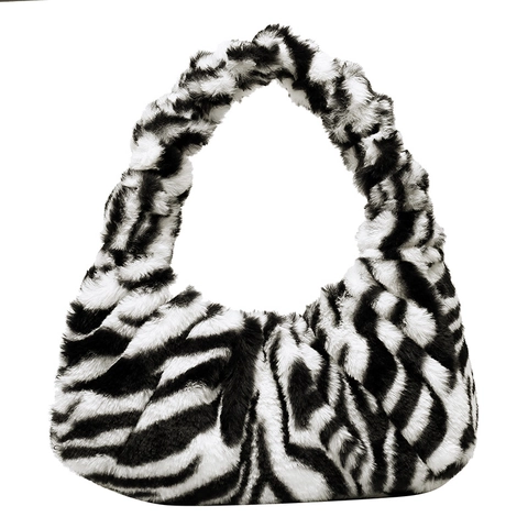 Bolso de Hombro de Felpa para Mujer Estampado de Cebra Vaca Otoño Invierno Piel Sintética Bolso de Axila Moda Patrón Animal Suave