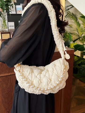 Women Quilted Pleated Shoulder Bag With Artificial Pearl Chain Fashion Cloud Underarm Bag Chic Ruffled Strap Crossbody Handbag