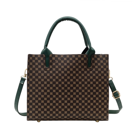 Vintage Monogramm Print Damen Tote Bag PU Leder Mode Quadratische Handtasche Mit Abnehmbarem Schultergurt Alltag Büro Tasche