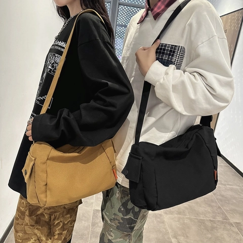 Unisex Casual Canvas Messenger Bag Large Capacity Solid Color Shoulder Bag With Adjustable Strap For Student Travel Daily