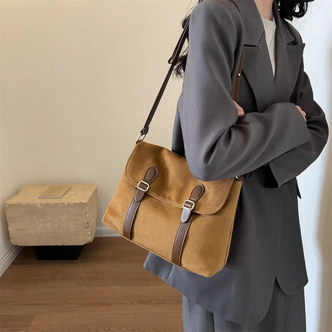 Vintage Suede Canvas Messenger Bag For Women Large Capacity Minimalist Shoulder Crossbody Bag With Adjustable Strap