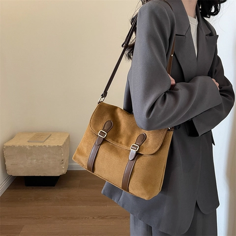 Vintage Suede Canvas Messenger Bag For Women Large Capacity Minimalist Shoulder Crossbody Bag With Adjustable Strap