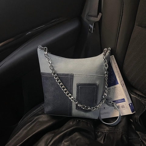 Women Fashion Denim Patchwork Shoulder Bag Vintage Blue Jeans Crossbody Bag With Silver Metal Chain Casual Versatile Bucket Bag