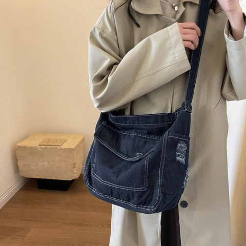 Borsa a Tracolla in Denim da Donna Grande Capacità Vintage Effetto Consumato Borsa Messenger Con Cuciture a Contrasto Multitasche Casual