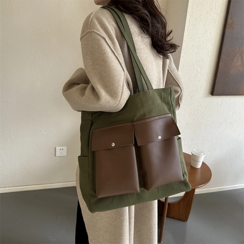 Große Kapazität Segeltuch Tragetasche Für Damen Koreanischer Stil Minimalistische Mehrere Taschen Schultertasche Retro Handtasche