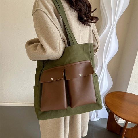Große Kapazität Segeltuch Tragetasche Für Damen Koreanischer Stil Minimalistische Mehrere Taschen Schultertasche Retro Handtasche