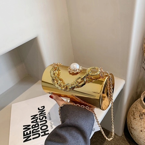 Women Acrylic Mirror Cylinder Evening Bag With Artificial Pearl Lock Gold Chain Strap Luxurious Crossbody Clutch Bag For Party Wedding