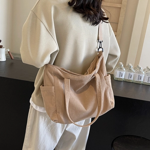Dames Casual Corduroy Tote Bag Grote Capaciteit Woon-werk Schoudertas Met Afneembare Band Gestreept Handtas Voor School Dagelijks