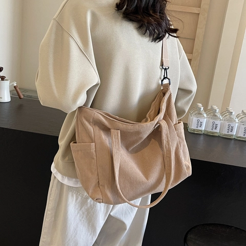 Dames Casual Corduroy Tote Bag Grote Capaciteit Woon-werk Schoudertas Met Afneembare Band Gestreept Handtas Voor School Dagelijks