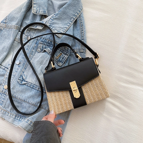 Damen Stroh Patchwork Umhängetasche PU Leder Crossbody Handtasche Mit Metallschnalle Sommer Urlaub Mode Quadrat Tasche