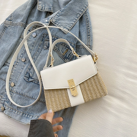 Damen Stroh Patchwork Umhängetasche PU Leder Crossbody Handtasche Mit Metallschnalle Sommer Urlaub Mode Quadrat Tasche
