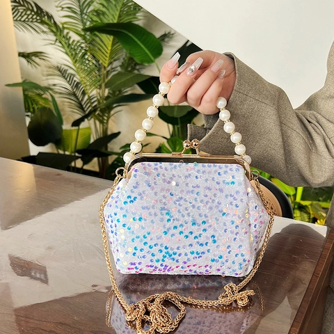 Vintage Muschel Pailletten Abendtasche Für Damen Mit Künstliche Perlenimitat-Griff Und Goldkette Umhängetasche Clutch Für Hochzeit Party
