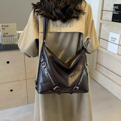Sac à Épaule pour Femmes Grande Capacité Vintage en Similicuir PU Tote Bag Mode Hobo Sac à Bandoulière Poches Multi Fermetures