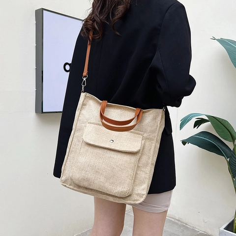 Women Casual Linen Tote Bag Large Capacity Crossbody Handbag With Front Pocket Adjustable Strap Daily Commute Shoulder Bag