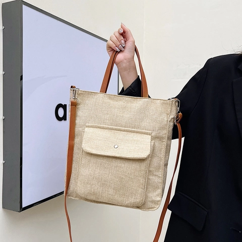 Women Casual Linen Tote Bag Large Capacity Crossbody Handbag With Front Pocket Adjustable Strap Daily Commute Shoulder Bag
