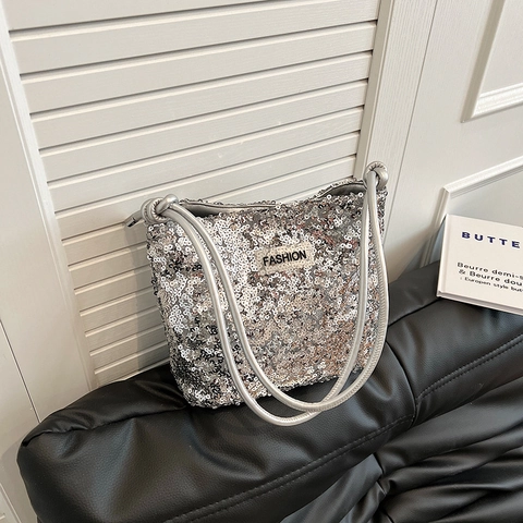 Women Sequin Bucket Bag Fashion Letter Label Knot Strap Shoulder Crossbody Bag Trendy Summer Party Banquet Handbag