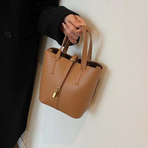 Women Retro Minimalist Pebble Grain PU Leather Bucket Bag With Gold Padlock Solid Color Shoulder Crossbody Handbag