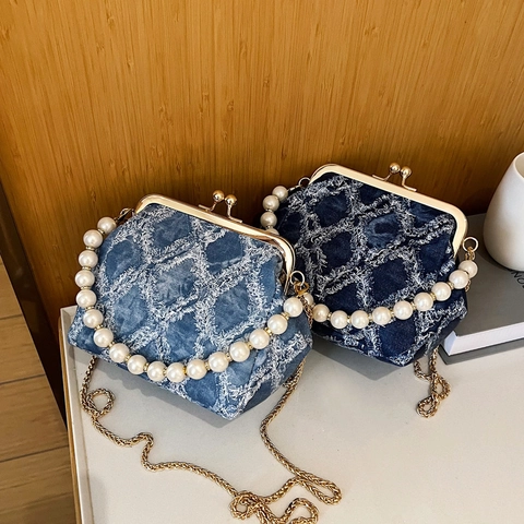 Vintage Denim Chessboard Grid Kiss Lock Crossbody Bag For Women Pearl Handle Chain Shoulder Evening Dinner Handbag