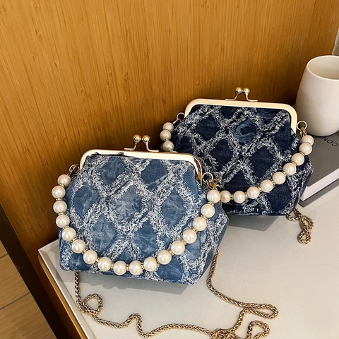 Vintage Denim Chessboard Grid Kiss Lock Crossbody Bag For Women Pearl Handle Chain Shoulder Evening Dinner Handbag