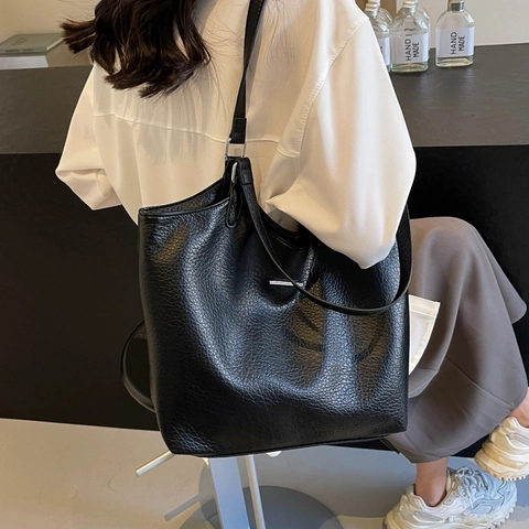 Grand Sac Fourre-Tout En Cuir PU Pour Femmes Minimaliste Texture Litchi Sac À Épaule Pour Le Bureau L'École Et Les Déplacements