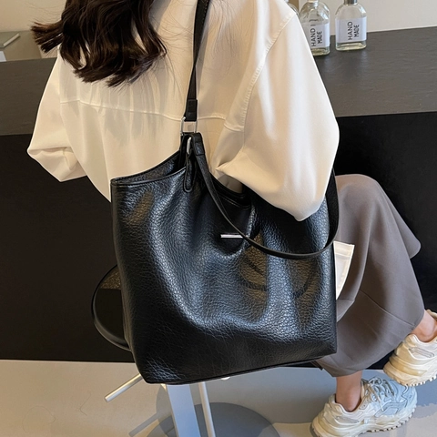 Grand Sac Fourre-Tout En Cuir PU Pour Femmes Minimaliste Texture Litchi Sac À Épaule Pour Le Bureau L'École Et Les Déplacements