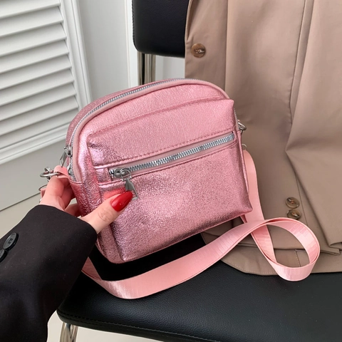 Borsa a Tracolla da Donna Iridescente Metallizzata in Pelle PU Piccola Borsa a Spalla Quadrata Verticale Con Tracolla Regolabile Moda Quotidiana