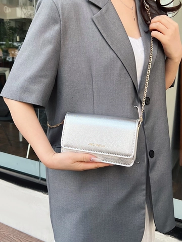 Women Metallic PU Leather Small Square Crossbody Bag With Gold Chain Strap Toothpick Pattern Fashion Elegant Phone Bag