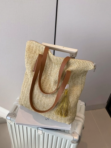 Damen Sommer Stroh Geflochtene Tote Bag Große Kapazität Umhängetasche Mit PU Leder Riemen Und Quaste Urlaub Strand Beuteltasche