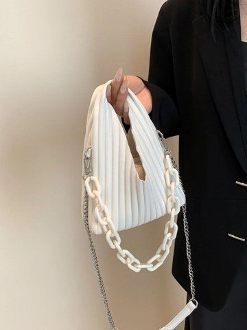 Women Fashion Pleated Shoulder Bag PU Leather Crossbody Bag With Resin Thick Chain And Metal Chain Solid Color Handbag