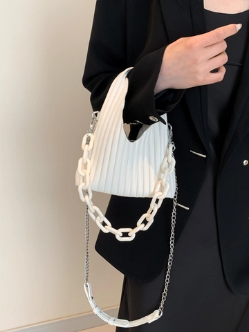 Women Fashion Pleated Shoulder Bag PU Leather Crossbody Bag With Resin Thick Chain And Metal Chain Solid Color Handbag
