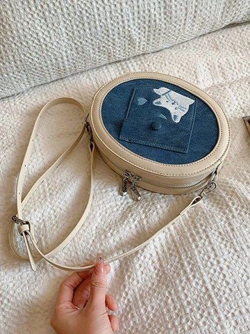 Damen Denim Patchwork Crossbody Tasche Niedliche Katze Stickerei Herz Runde Umhängetasche PU Leder Kette Handtasche
