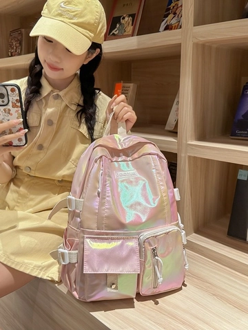 Holographic Laser PU Leather Backpack For Women Large Capacity Iridescent Schoolbag Multi Pocket Fashion Travel Daypack