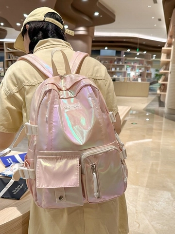 Holographic Laser PU Leather Backpack For Women Large Capacity Iridescent Schoolbag Multi Pocket Fashion Travel Daypack