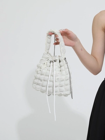 Women Casual PU Leather Popcorn Texture Bucket Bag Pleated Cloud Shoulder Bag With Silver Metal Chain Drawstring Handbag