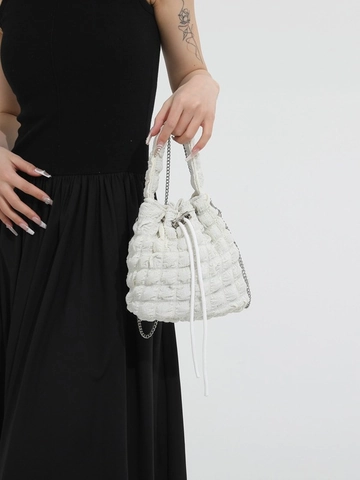 Women Casual PU Leather Popcorn Texture Bucket Bag Pleated Cloud Shoulder Bag With Silver Metal Chain Drawstring Handbag