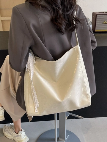 Women Large Capacity PU Leather Shoulder Tote Bag Metallic Texture Crack Pattern With Lace Bow Decoration For Casual Commuter Travel