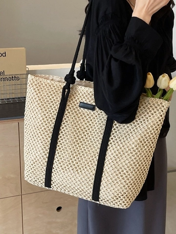 Große Kapazität Hohl Stroh Gewebt Tote Bag Für Damen Strand Urlaub Lässig Umhängetasche Mit Reißverschluss Innentasche
