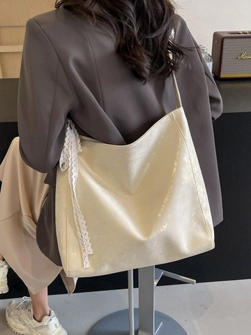 Women Large Capacity PU Leather Shoulder Tote Bag Metallic Texture Crack Pattern With Lace Bow Decoration For Casual Commuter Travel