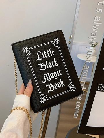 Women Gothic Magic Book Of Spells Shoulder Bag PU Leather Gold Chain Crossbody Punk Style Small Square Bag Halloween Gift
