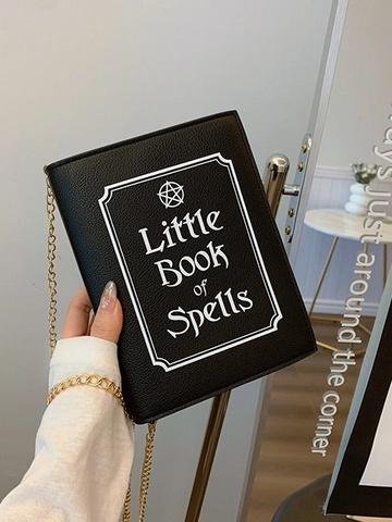 Women Gothic Magic Book Of Spells Shoulder Bag PU Leather Gold Chain Crossbody Punk Style Small Square Bag Halloween Gift