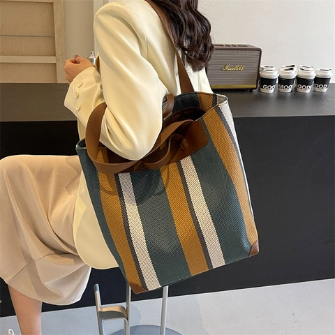 Bolso Tote de Lona con Rayas en Contraste de Moda para Mujer Bolso de Hombro de Gran Capacidad Con Ribete de Cuero