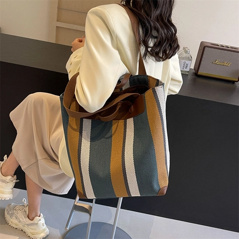 Bolso Tote de Lona con Rayas en Contraste de Moda para Mujer Bolso de Hombro de Gran Capacidad Con Ribete de Cuero