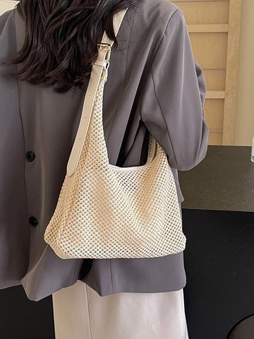 Damen Sommer Stroh Geflochtene Umhängetasche Urban Minimalistisch Ajouré Netz Urlaub Strand Tote Tasche Mit Verstellbarem Ledergurt