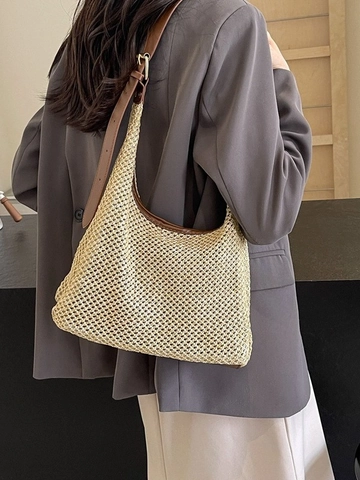 Damen Sommer Stroh Geflochtene Umhängetasche Urban Minimalistisch Ajouré Netz Urlaub Strand Tote Tasche Mit Verstellbarem Ledergurt