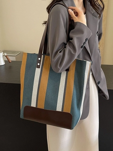Dames Gestreepte Canvas Tote Bag Grote Capaciteit Color Block Schoudertas Met PU Leren Riemen Retro Casual Kantoor Handtas