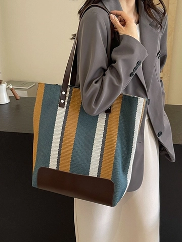 Dames Gestreepte Canvas Tote Bag Grote Capaciteit Color Block Schoudertas Met PU Leren Riemen Retro Casual Kantoor Handtas