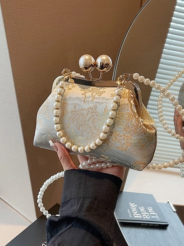 Chinesischer Vintage-Stil Bestickte Brokat Abendtasche Damen Retro Künstliche Perlen Griff Bügelverschluss Umhängetasche Elegante Party Clutch