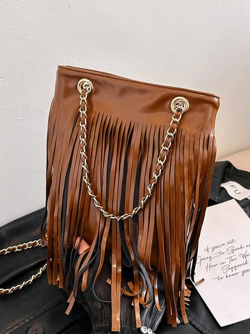 Mode Damen Umhängetasche Aus PU Leder Fransen Crossbody Bucket Bag Mit Goldener Kette Große Kapazität Handtasche Geschenk